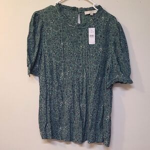 LOFT Green Puff Sleeve Blouse with Mandarin Collar